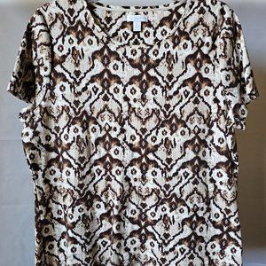 Charter Club Brown, Tan, Beige Abstract Short Sleeve Cotton Top - Size XL